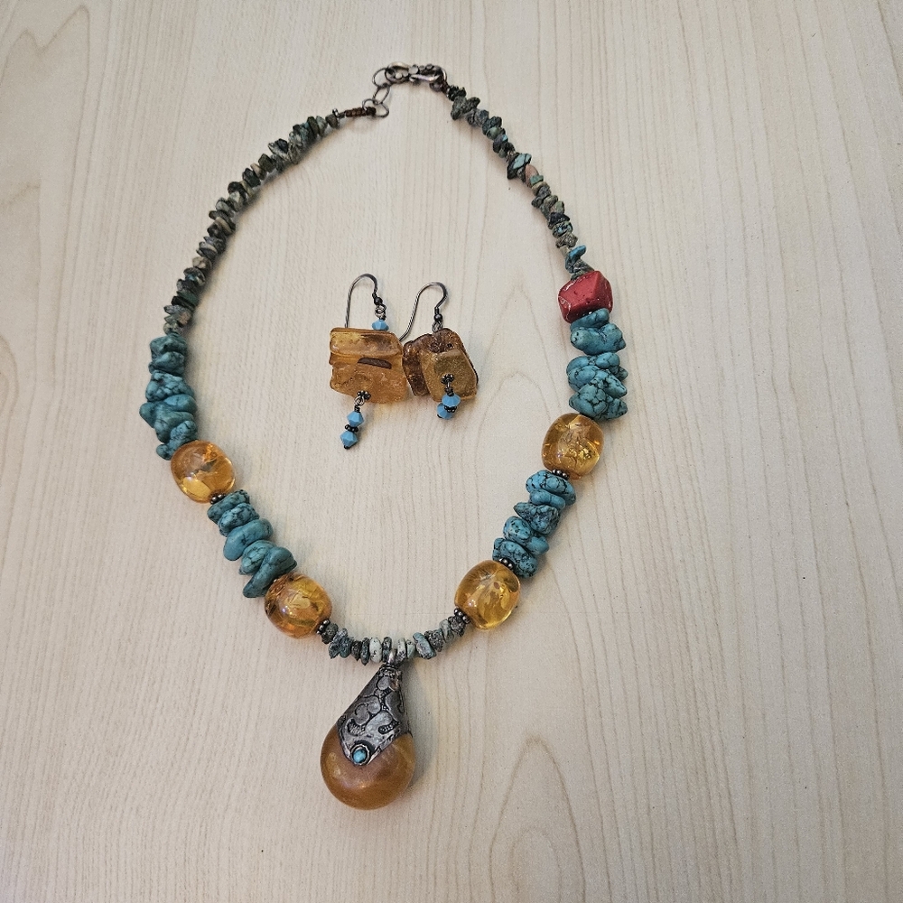 Turquoise and Amber Necklace & Earring Set Sterling Silver 925